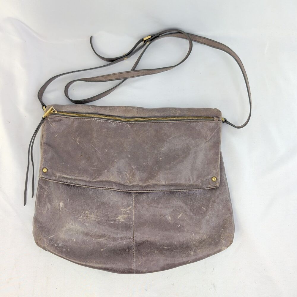 Hobo The Original Leather Crossbody Shoulder Bag Purse Taupe Gray Distressed Loo